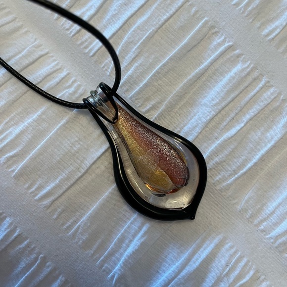 PENDANT Glass Teardrop Orange Yellow and 20" Leather Cord Necklace Modern Chic - Picture 4 of 5